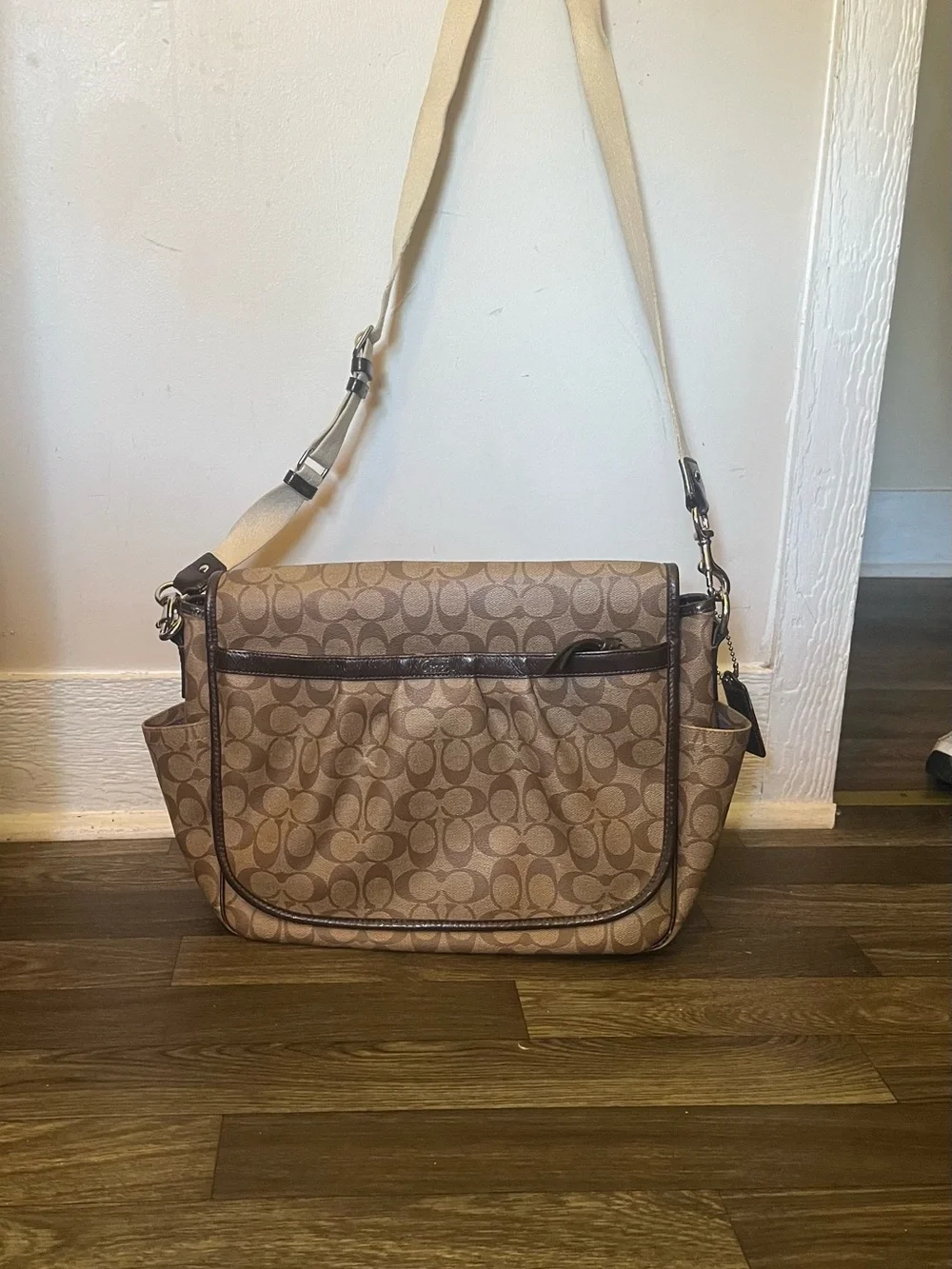 Coach Brown Signature Canvas Shoulder Bag with Tan Strap